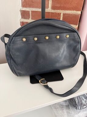 Authentic Ferragamo Navy Leather Crossbody Bag with Gold Stud Details